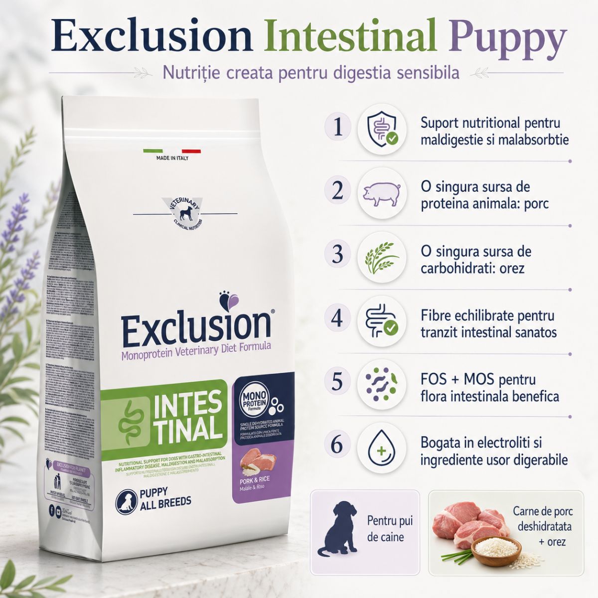 EXCLUSION Monoprotein VD Intestinal Puppy, XS-XL, Porc și Orez, dietă veterinară, hrană uscată câini junior, sistem digestiv, 12kg - imagine 3